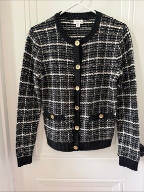 J. Crew Factory Lady Cardigan Black and White Tweed-Style